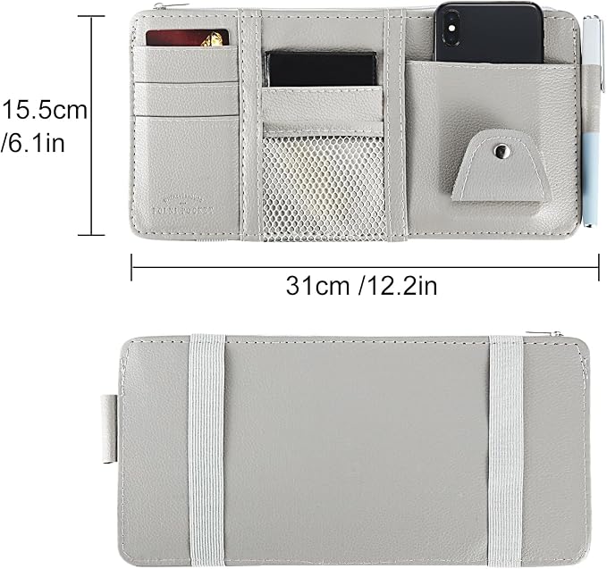 Boao 2 Packs Car Sun Visor Organizer, Sunglasses Holders for Car Sun Visor PU Auto Interior Accessories Storage Travel Document Holder with Multi Pocket (Gray, 12.2 x 6.1 Inches)