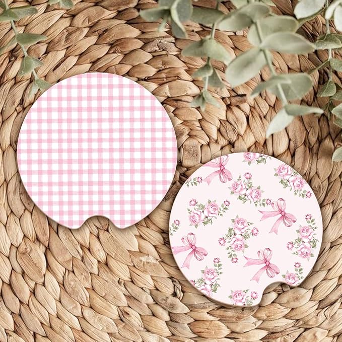 Ceramic Car Coasters – Absorbent Car Cup Holder Coaster Set for Women, Cute Aesthetic Car Accessories for Girls, 2 Pack (Fuchsia)