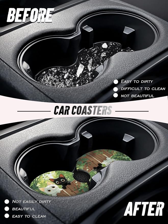 Car Cup Coasters,2 Pack Car Coaster,2.75inch Anti Slip and Absorbent Cars Coasters for Cup Holders,Neopren Accessories for Women,Cute Decor for Women (Two Cats)