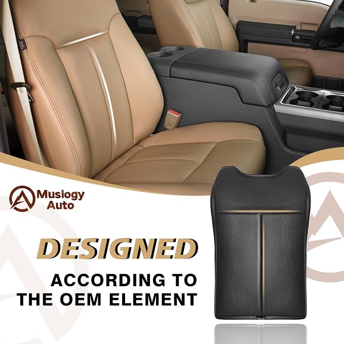 Muslogy Center Console Armrest Cover Fit for Ford F250 F350 F450 2011-2016 Super Duty Accessories, Comfort Armrest Pad Console Lid Cushion Vegan Leather Regular Thick(Bucket Seat ONLY)