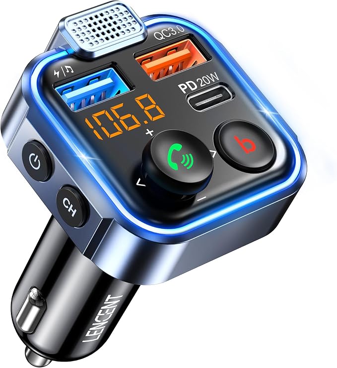 LENCENT FM Transmitter in-Car Adapter, Wireless Bluetooth 5.3 Radio Car Kit | Type-C PD 20W+ QC3.0 Fast USB Charger, Hands-Free Calling, MP3 Player Receiver Hi Fi Bass, Support U Disk