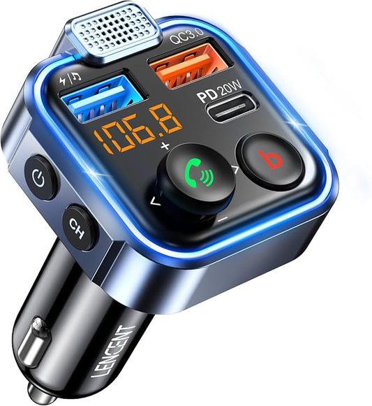 LENCENT FM Transmitter in-Car Adapter, Wireless Bluetooth 5.3 Radio Car Kit | Type-C PD 20W+ QC3.0 Fast USB Charger, Hands-Free Calling, MP3 Player Receiver Hi Fi Bass, Support U Disk