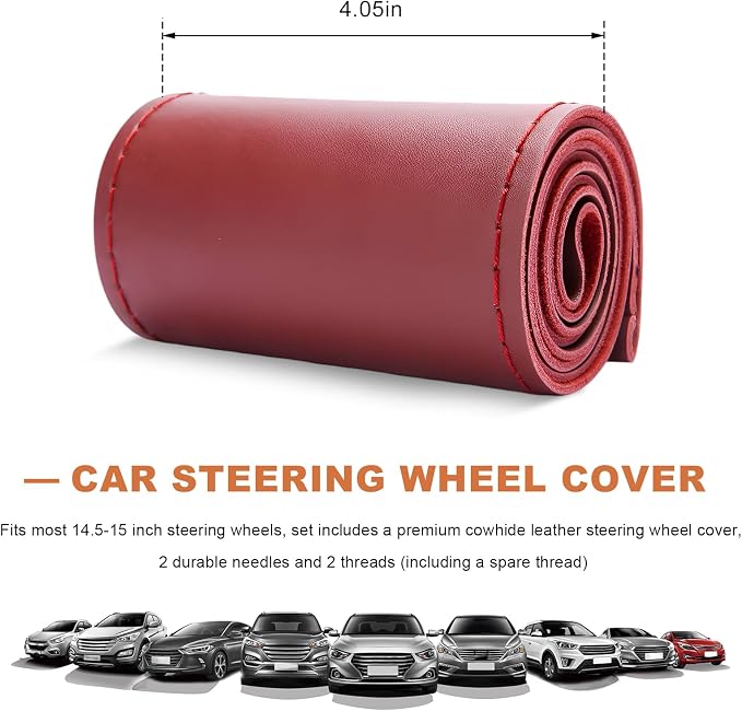 Genuine Leather Steering Wheel Cover, 15 Inch Stitch on Wheel Wrap with Needles & Threads, Breathable Steering Wheel Protector DIY Sewing Wrap for Car Truck SUV (Wine Red, Glossy)