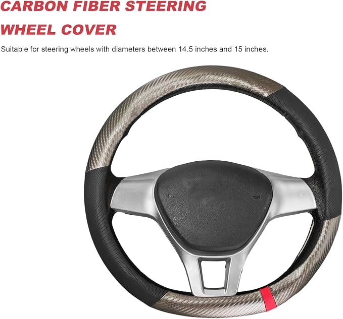 Car Steering Wheel Cover, Breathable Carbon Fiber Wheels Protective Cover Interior Accessories, Universal Anti Slip Protector for Most 14.5-15 Inch Steering Wheels (Gray)