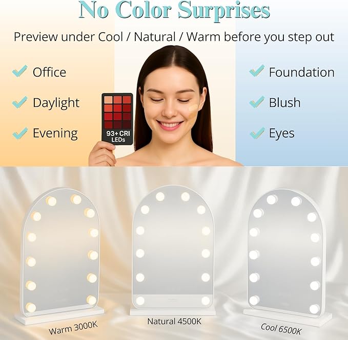 LUXFURNI Vanity Mirror with Lights, 20.5" Arched Hollywood Makeup Mirror | 12 LED Lights, 3 Color Modes, Touch Memory Control, Arched Frame No‑Bend Full‑Face View, HD Anti‑Glare Rust‑Resistant Glass