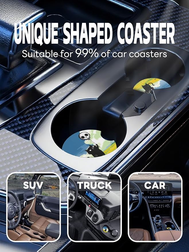 WOCOCN Car Coasters,Cup Holder Coasters for Car,2.75inch Anti Slip and Absorbent,Cute Automotive Interior Accessories for Cup Holder,Pack of 2 (Black Cat and Skull Balloon)