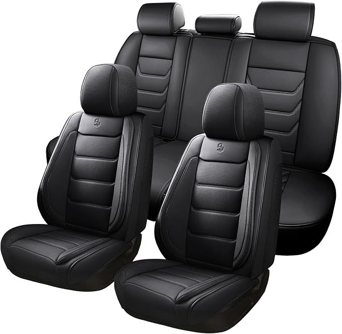 Full Coverage Faux Leather Car Seat Covers Full Set,Automotive Seat Covers for Cars,SUVs Pick-up Truck, Car Seat Cushion, Black Seat Covers for 5 Seats