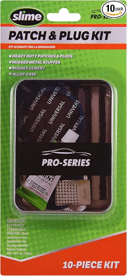 Slime 20458 Tire Repair Patch & Plug Kit, Pro-Series, Storage Tin, 10-Pieces