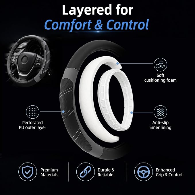 Elantrip Leather Large Steering Wheel Cover 14 1/2 inch to 15 inch Universal, Soft Grip Breathable for Car Truck SUV Jeep Anti Slip Gray
