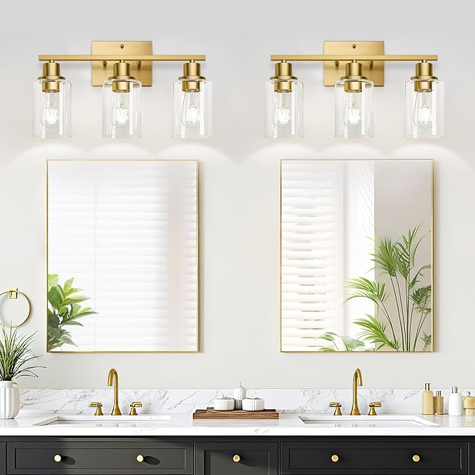 MOKATNG 3-Light Bathroom Light Fixtures, Vanity Light with Clear Glass Shades, Brushed Gold Bathroom Light Fixtures Over Mirror, Modern Bathroom Wall Lamp for Mirror Living Room Cabinet Bedroom