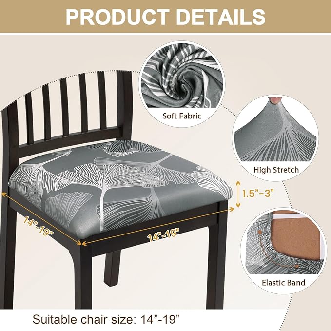 SearchI Seat Covers for Dining Room Chairs Printed Chair Seat Covers 4 Pack | Stretch Removable Washable Upholstered Chair Seat Protector Cushion Slipcovers for Kitchen(Ginkgo Leaf Pattern)