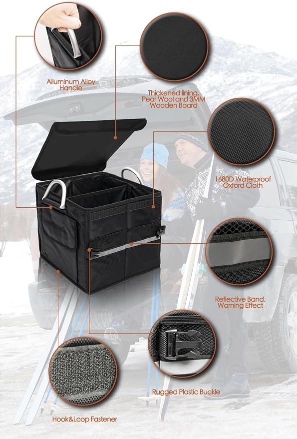 Small Trunk Organizer With Lid, For SUV Car Truck, Black 28L, Foldable Waterproof Oxford Fabric, 2-Compartments With Aluminium Alloy Handle