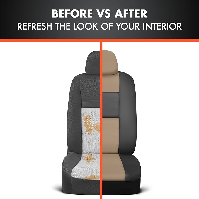 BDk Faux Leather Car Seat Cover Full Set - Front & Rear Split Bench Beige Seat Covers for SUV & Truck Seat Covers, Airbag Compatible - Interior Protective Seat Covers for Car Seats & Car Accessories