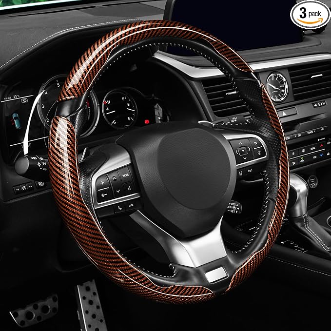 Amiss 3pcs Carbon Fiber Anti-Skid Steering Wheel Cover, Waterproof Design, Universal Fit for 14-16 Inch Car Wheel Cover, Interior Car Accessories for Jeeps, SUVs, Trucks (Glossy Brown)