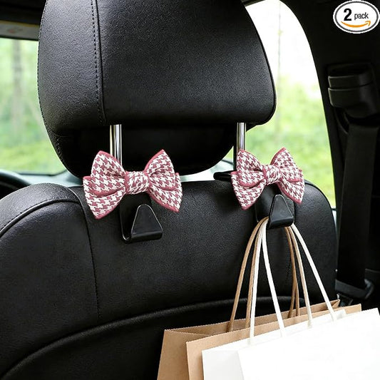 2PCS Car Seat Headrest Hooks, Car Purse Hook, Cute Bow Knot Vehicle Seatback Hanging Storage Organizer, Auto Seatback Decor Organizer Hanger for SUV Truck (Small Houndstooth/Pink)