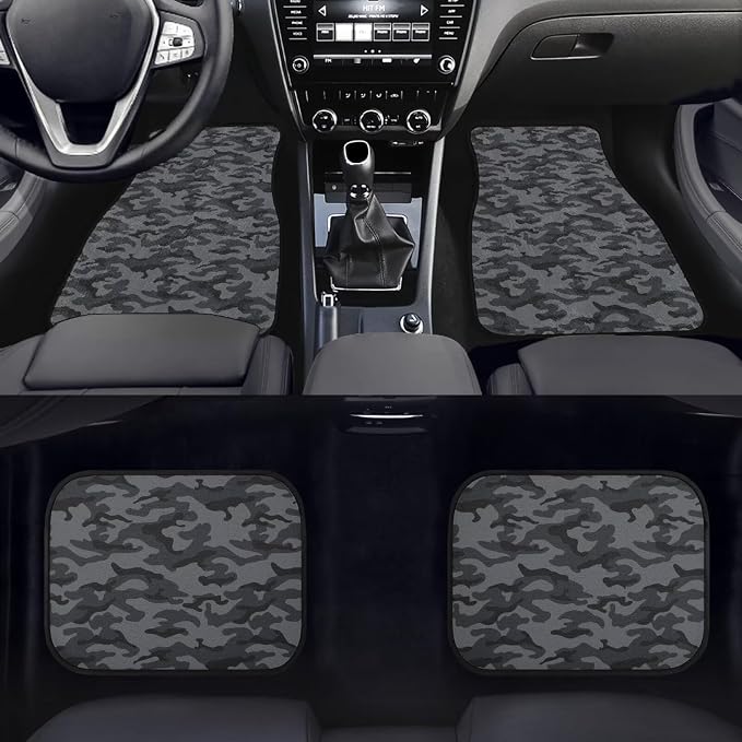 Black Gray Camo Print Car Floor Mats Set of 4 Military Camouflage Universal Vehicle Floor Carpet Decorative Auto Front Rear Foot Rugs for Trucks SUV Sedan
