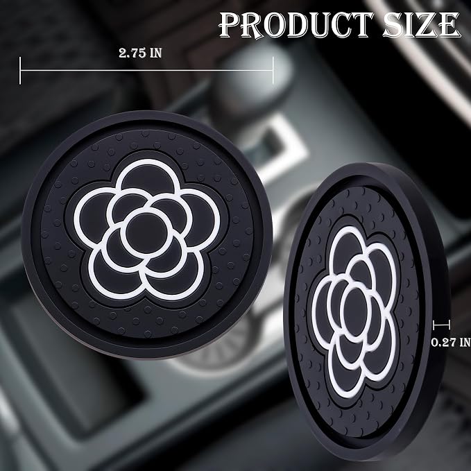 2.75 Inch Car Cup Coaster 2-Pack – Non-Slip Auto Drink Holder Mat – Universal Fit for Women & Girls – Stylish Pink Accessories (Black Flower)