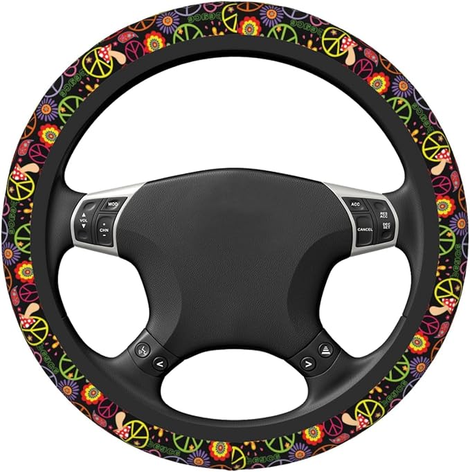 Hippie Peace Floral Mushroom Steering Wheel Cover for Women Men Girls Car Accessories Decor Anti-Slip Neoprene Auto Steering Wheel Covers Protector Universal 15 Inch