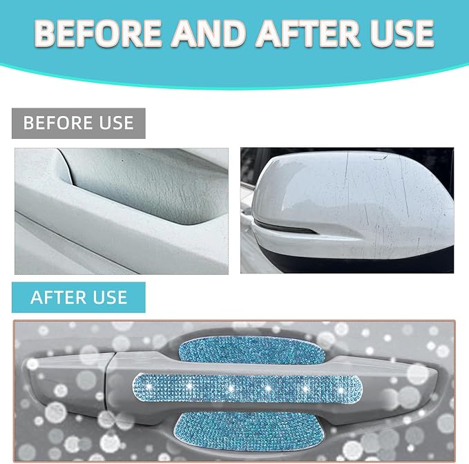 10 pcs Bling Diamond Car Door Handle Stickers, Bling Car Accessories for Women, Universal Rhinestone Crystal Glitter Door Handle Protector Stickers and Decals, Scratch Safety Reflective (Aquamarine)