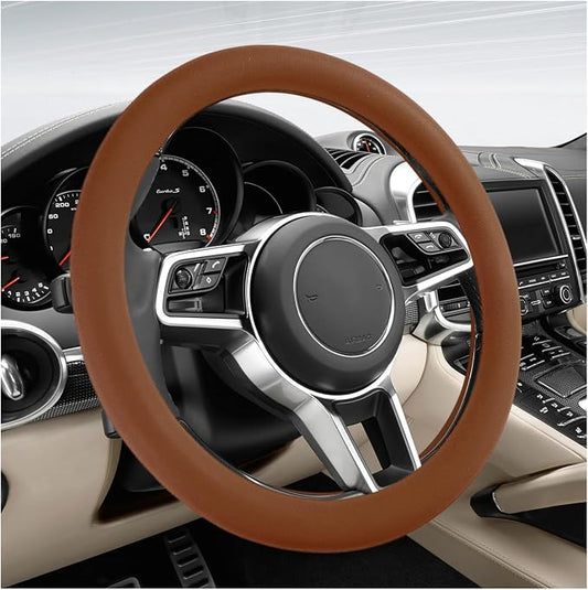 DXNQ Car Steering Wheel Cover, 13 to 14.17 inches Anti-Slip Silicone Steering Wheel Protector, Soft Flexible Shock-Absorbent Steering Wheel Protective Cover for Most Car Models (Brown)