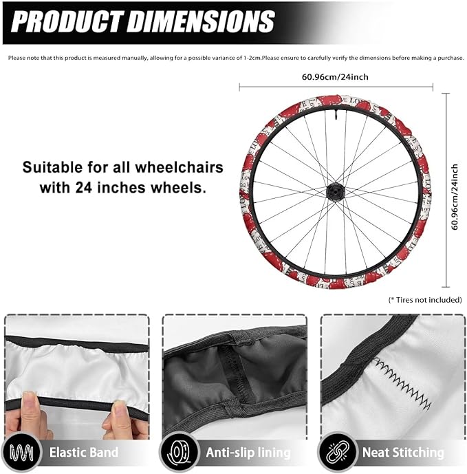 Love Heart Vintage Wheelchair Wheel Covers Washable Non-Slip Valentine's Day Wheelchair Accessories Tyre Covers Romantic Decor