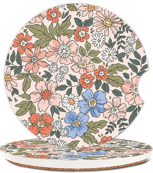Absorbent Car Cupholder Coaster 2 Pack, Cute Car Coasters with a Finger Notch for Women & Men,2.56" Ceramic Stone & Non-Scratch Cork Base Drink Coasters (Cute Flowers&Grass)