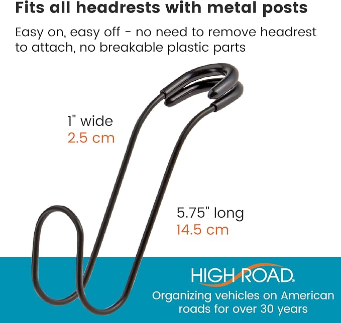 Metal Car Hooks for Purses and Bags - Large Hooks Won't Slip Off or Rattle | Set of 2 High Road Car Headrest Hooks Fit All Sized Metal Posts - Holds Multiple Bags, Wide Straps and Hard Hats