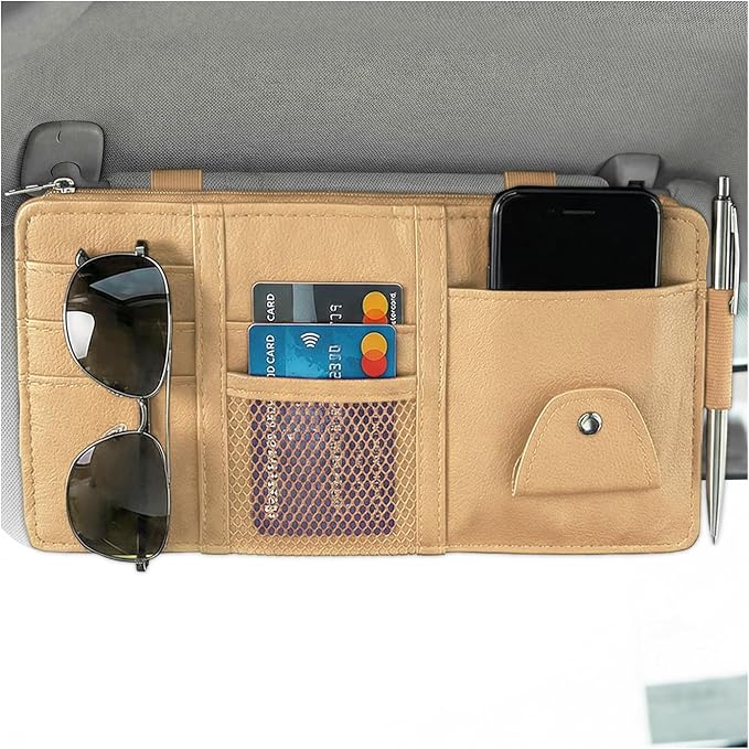 Car Sun Visor Organizer, Multifunctional Auto Visor Storage Bag with Net Pocket & Eyeglass Clamp, Waterproof Multi-Pocket Storage Pouch Ticket Organizer for Car Sun Visors (Beige)