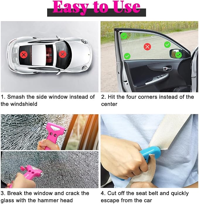 SINSEN Car Safety Hammer, Automotive Window Breaker and Seatbelt Cutter for Women, Roadside Emergency Kit, 3 in 1 Escape Tools, Road Trip Essential and Must Haves (2, Pink)