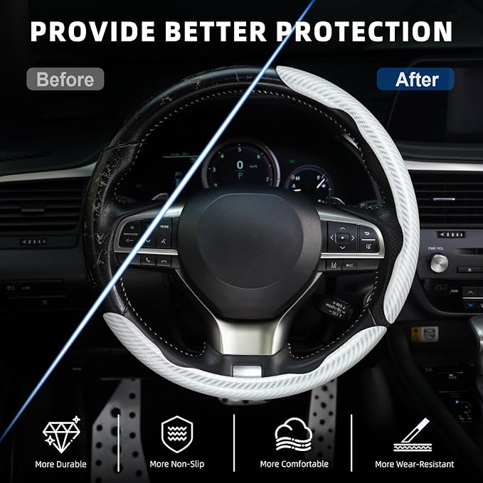 Amiss 3pcs Carbon Fiber Anti-Skid Steering Wheel Cover, Waterproof Design, Universal Fit for 14-16 Inch Car Wheel Cover, Interior Car Accessories for Jeeps, SUVs, Trucks (Glossy White)