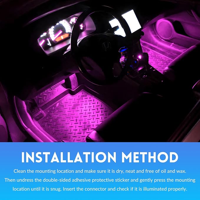 Car LED Strip Light, 12V 24 LEDs RGB Car Interior Atmosphere Lamp with USB Port, Vehicle Under Dash Floor Ambient Night Decorative Lighting Kit (Pink Purple)