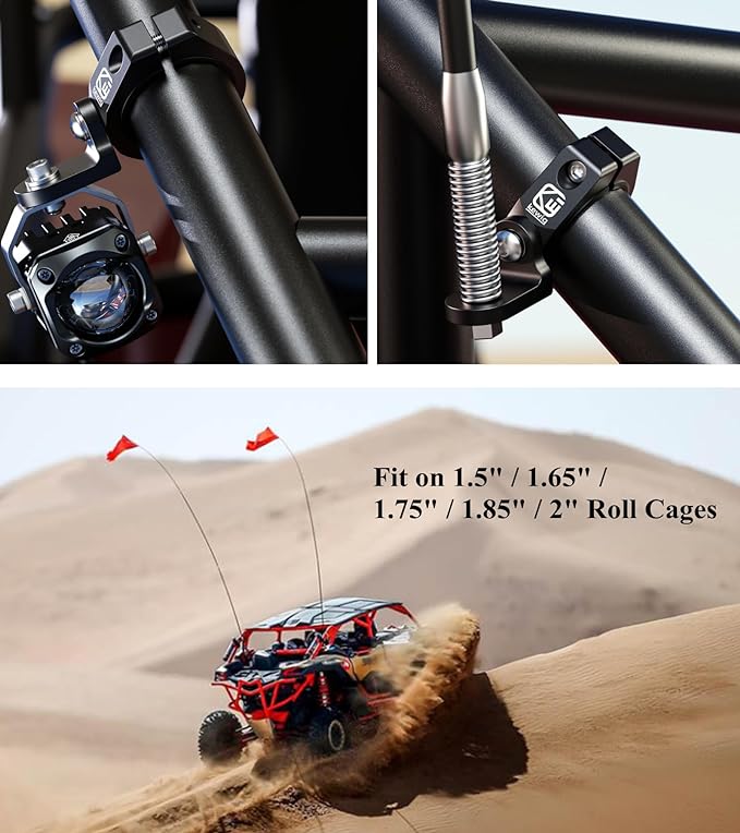 BRCOVAN 2PCS UTV Whip Light Mounts, Off-Road LED Light Bar Mounting Bracket | Solid Aluminum Alloy Materials, 360° Adjustable Whip Flag Mount Fit 1.5''/1.65'' /1.75''/1.85''/2'' Roll Cage Bars