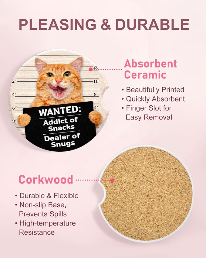 Swooflia 2 Pack Absorbent Ceramic Car Coasters for Women - 2.55 Inch Cat Funny Quote Car Cup Holder Coasters with Cork Base, Funny Car Accessories, New Driver Gifts