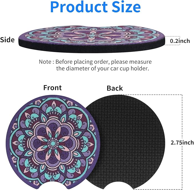 tifanso 2PCS Mandala Non-Slip Car Cup Holder Coasters for Women | Universal Fit for Standard Cup Holders, Easy to Clean & Remove, Adorable Floral Decor, Ideal Gift for Girls & Car Lovers