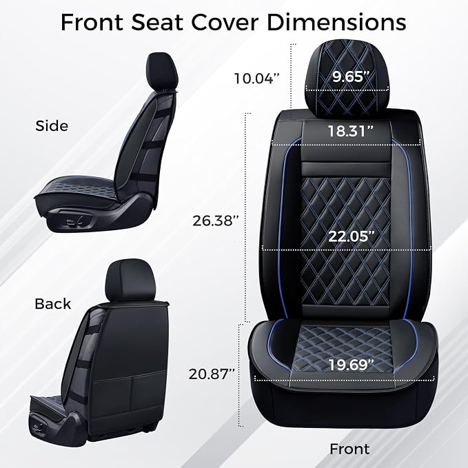 Huidasource Front Car Seat Covers, Leather Car Seat Cushion, Automotive Car Seat Cover Protector Universal Fit Front Seat, Airbag Compatible, for Most Cars,Vans,Trucks, SUVs (Front Pair/Black&Blue)