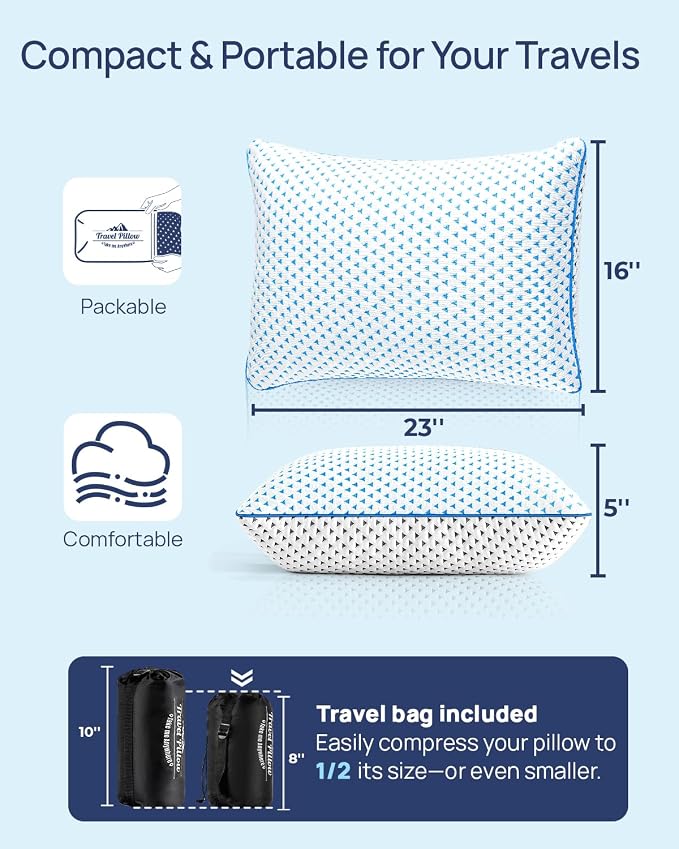 Cooling Shredded Memory Foam Travel & Camping Pillow Large, Adjustable | Compressible, Portable, Medium Firm Neck Knee Back Support, College Dorm Pillow for Home-Like Comfort, Ideal Car Sleeping