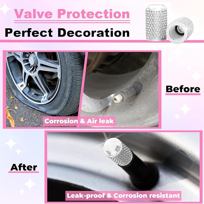 BFXM 4Pcs Car Tire Valve Stem Caps, Bling Tire Air Cap for Car, Car Accessories for Women Universal Stem Covers, Anodized Aluminum Tires Valve Cap with O Rubber Ring, Crystal Diamond