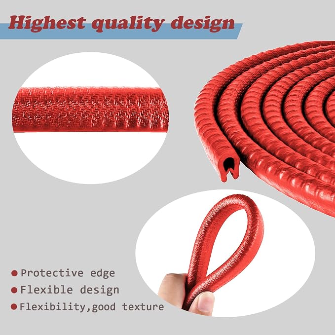 Car Door Edge Guards, 16Ft Rubber Seal Car Door Edge Trim, U Shape Door Edge Protector Guard, Aluminum Weather Proofing Automotive Door Edge Molding Protection for Most Car (Red)