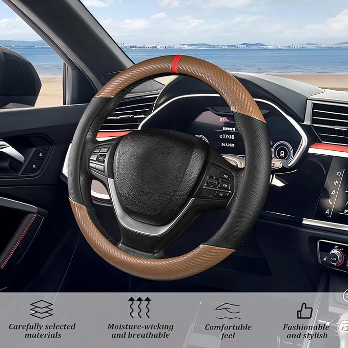 Carbon Fiber Car Steering Wheel Cover, Leather Breathable Automotive Wheel Protector, 15 Inch Anti-Slip Vehicle Interior Steering Accessories, Universal for SUV Truck Sedan (Coffee)
