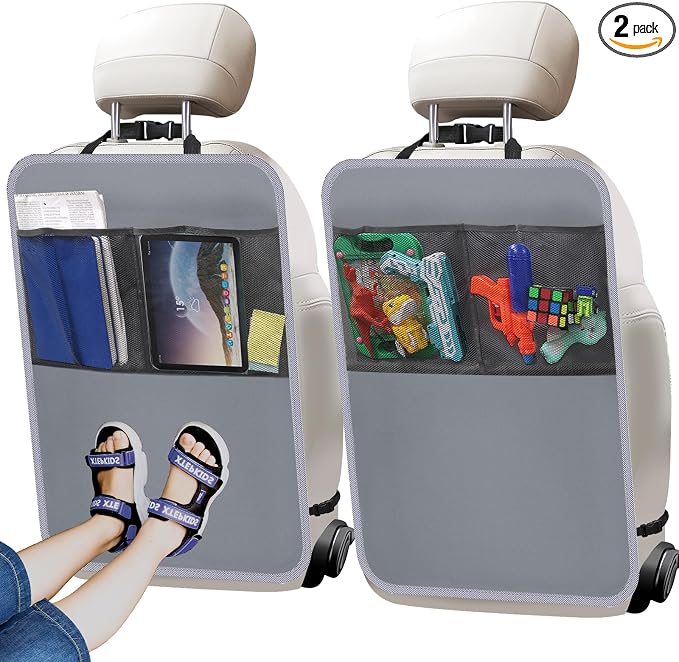 2 Pack Kick Mat Backseat Protector,Back Seat Cover for Kids,Car Seat Back Protectors with 2 Pocket Storage Organizer for Car, SUV, Minivan or Truck Seats (Grey)