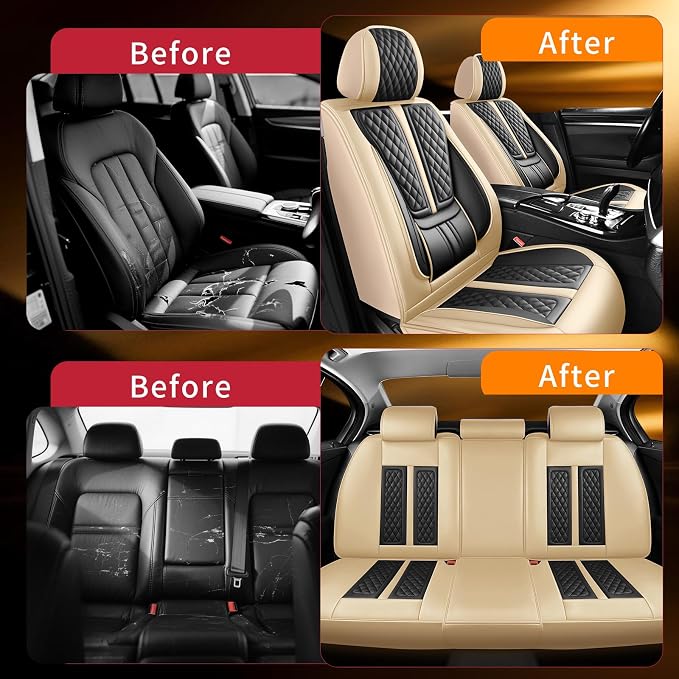 Fit Ariya Car Seat Covers Compatible with Nissan Ariya 2023-2024 2025.Full Coverage Waterproof Leather,Compatible with Airbag,All - Weather Seat Cushion Protector(Full Set,Beige)