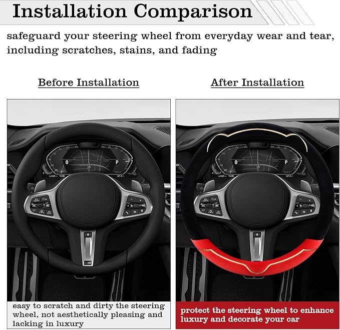 Cat Ears Plush Steering Wheel Cover,Universal 14.5-15 Inch Winter Plush Warm Steering Wheel Cover, Soft Fluffy, Anti-Slip Design, Soft Texture (Black+Red)