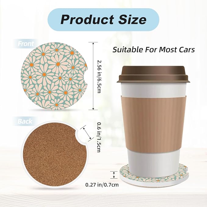 Green Floral Car Coasters for Cup Holders,2 Pack Car Cup Holder Coasters for Car,Ceramic Absorbent Car Coaster with A Finger Notch and Cork Base,Car Interior Accessories for Women Men