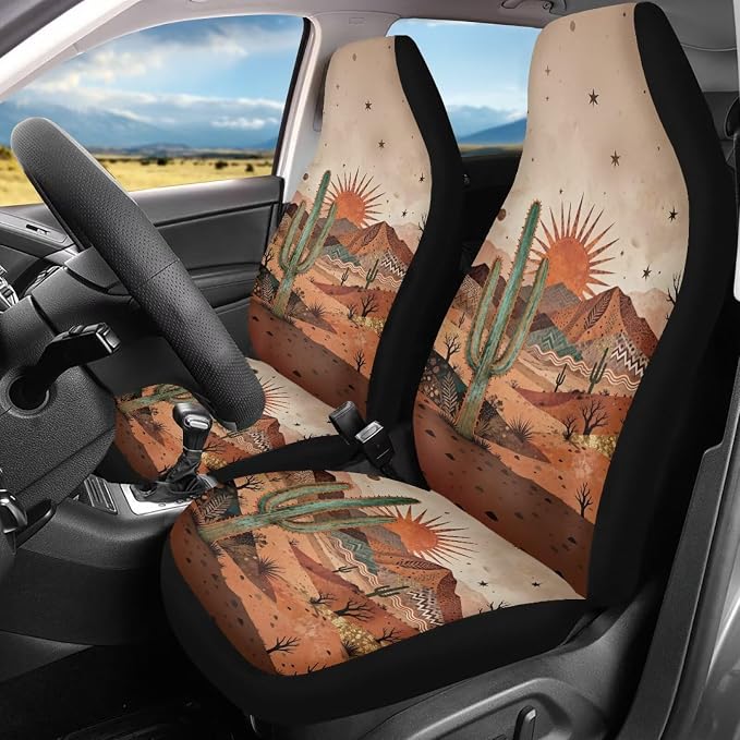 Desert Cactus Car Front Seat Covers Arizona State Car Seat Covers Full Set of 2 Stretch Polyester Fabric Cover Automotive Interior Seats Covers for Most Cars SUV Sedans