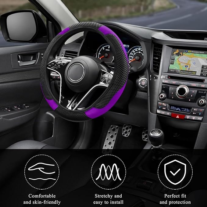 Elastic Stretch Steering Wheel Cover, Warm in Winter and Cool in Summer, Universal 15 inch Microfiber Breathable Ice Silk Anti Slip Car Interior Accessories, Odorless, (Black Purple)