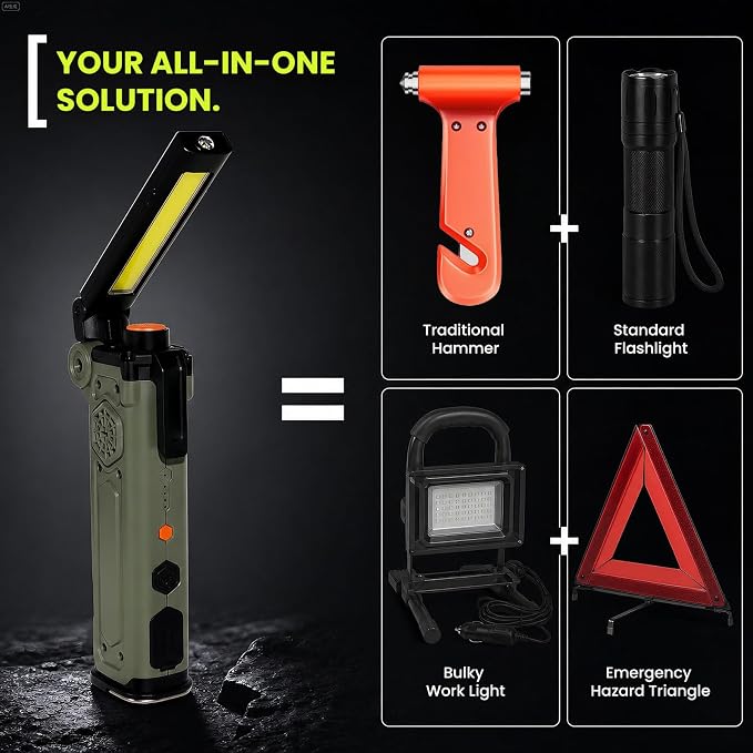 8-in-1 Car Emergency Escape Tool with Spring-Loaded Window Breaker | Seat Belt Cutter, Magnetic Work Light, Emergency Flashlight & Power Bank for Roadside Emergencies, Camping & Daily Driving