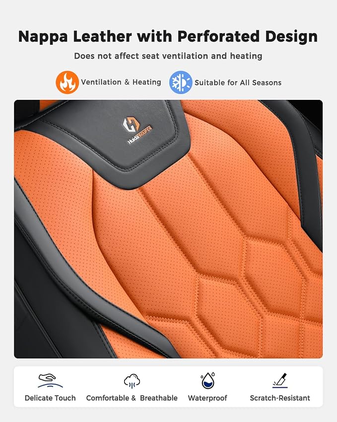 Huidasource Car Seat Covers, Universal Fit for Cars SUV Truck, Black&Orange | Full Coverage Leather Seat Cover, Airbag, Cupholder Compatible, Seat Function Retain, Easy Install with Velcro