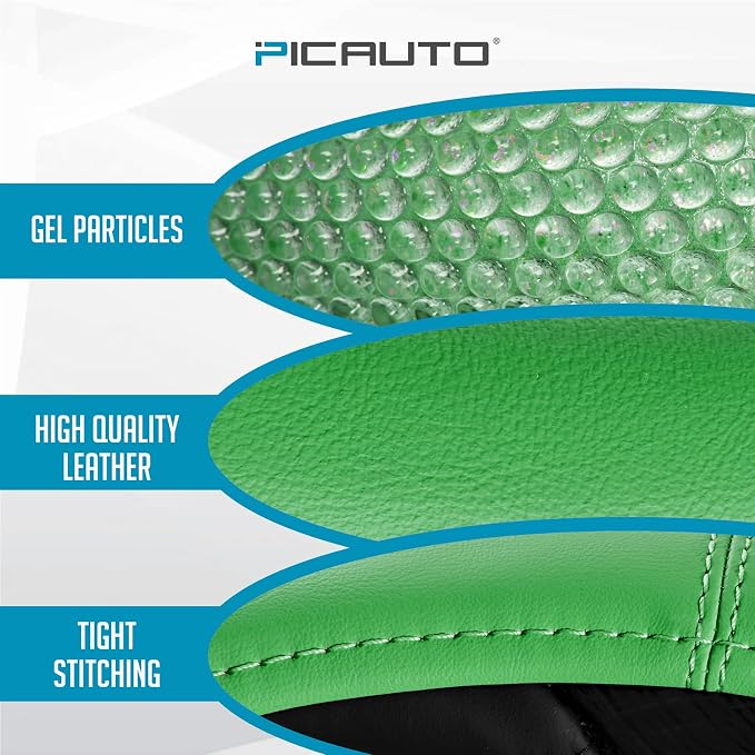 PIC AUTO Steering Wheel Cover, Green Leather, Fits 14.5-15.5 Inch Wheels | Universal Steering Wheel Cover with Anti-Slip Grip, Durable Car Interior Accessory, Fits Most Cars, SUVs, Trucks and Vans