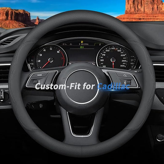 Deer Route Custom-Fit for Cadillac Steering Wheel Cover, Premium Leather Car with Logo, Non-Slip, Breathable, Accessories (B-Style, Cadillac)