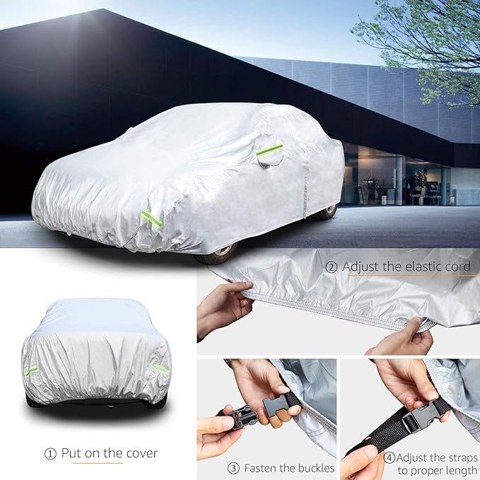 Amazon Basics Silver Weatherproof Car Cover, 150D Oxford, UV Protection, Snow Protection, Dustproof for Sedans up to 200", with Door Zipper (Pack of 4)